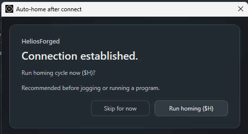 HeliosForged connection and homing prompt